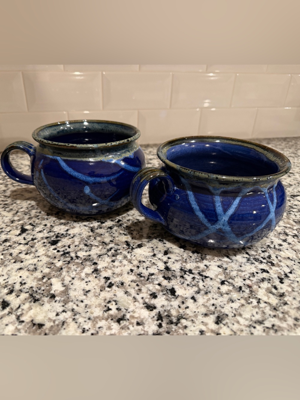 Handmade signed studio pottery large soup mugs-pair
